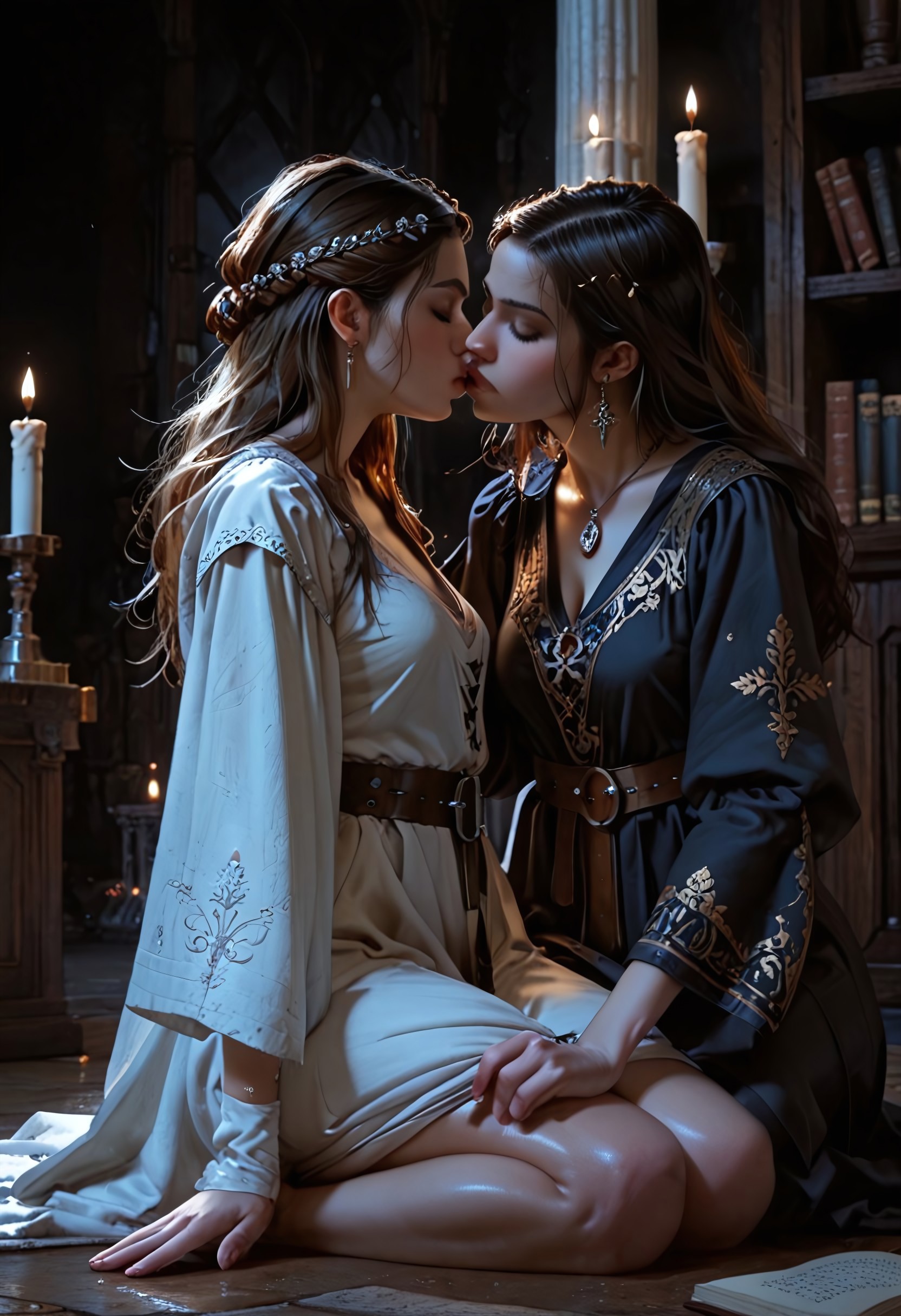score_9, score_8_up, score_7_up, score_6_up, 2girls, 21 year old, ((night)), (wide shot),
((medieval)), short female scholar, kissing, female wizard,  sitting in alcove, library, choatic piles of books, candle light, high cut clothing, ornate, nighttime, magical sparks, ((deep v-neck)), stone pillar, head leaning back, romantic, reaching kiss, (ornate clothing), perfect figure, ((undressing)), ((robe on floor)), intimate

highly detailed skin, perfect hips, wide hips, highly detailed skin, glistening skin, gloom, movie still, ((perfect eyes)), ((Low-key lighting)), ((dark background))