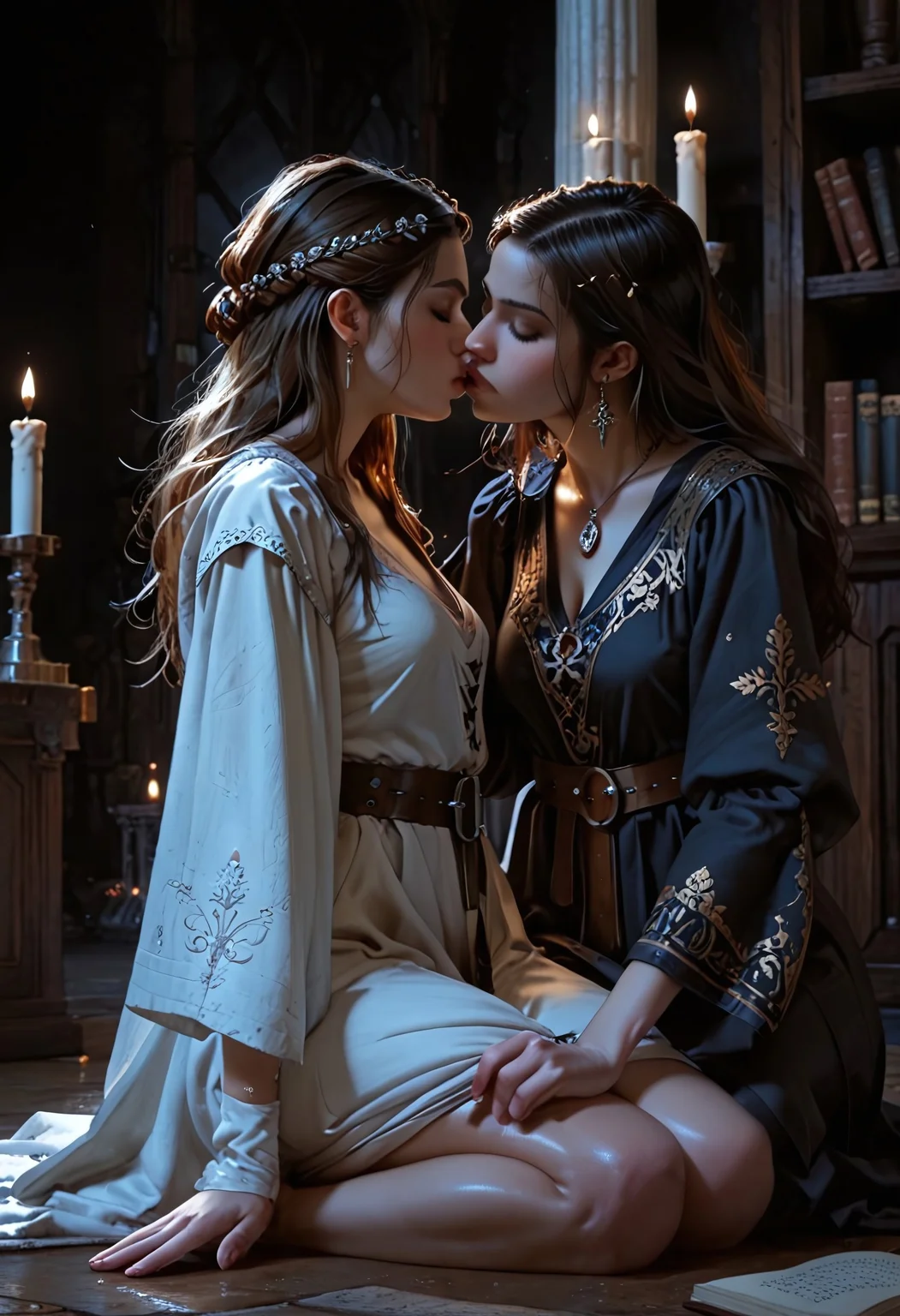 score_9, score_8_up, score_7_up, score_6_up, 2girls, 21 year old, ((night)), (wide shot),
((medieval)), short female scholar, kissing, female wizard, sitting in alcove, library, choatic piles of books, candle light, high cut clothing, ornate, nighttime, magical sparks, ((deep v-neck)), stone pillar, head leaning back, romantic, reaching kiss, (ornate clothing), perfect figure, ((undressing)), ((robe on floor)), intimate
highly detailed skin, perfect hips, wide hips, highly detailed skin, glistening skin, gloom, movie still, ((perfect eyes)), ((Low-key lighting)), ((dark background))