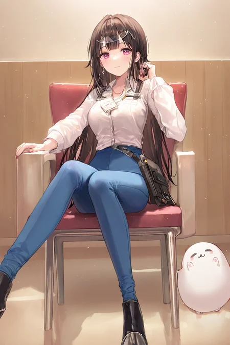 (masterpiece), best quality, amazing quality, very aesthetic, absurdres, newest, 1girl, solo, (cute face), 1girl solo with cute face, yao, yao quitter, sitting on chair, white shirt, blue pants, (artist:tokkyu:0.5), (artist:momoko \(momopoco\):0.5), (artist:ask \(askzy\):0.5), (artist:yuyumu:0.4), (artist:dsmile:0.5), (artist:atdan:0.5) <lora:yao_IL-000009:0.8>