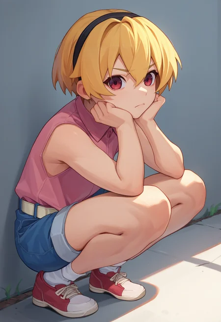score_9, score_8_up, score_7_up, source_anime, 1girl, SatoCasual, blonde hair, red eyes, hairband, pink shirt, white belt, denim shorts, squatting, white socks, shoes,  <lora:Satoko-000009:1>