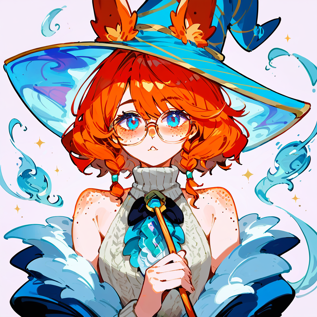 score_9, score_8_up, score_7_up, anime_source, simple background, 
1girl, solo, auroralol, animal ears, blue eyes, glasses, magician hat, bare shoulders, sweater, freckles, 
<lora:auroralol_pony_v1:0.9>