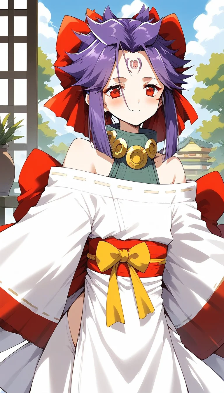 score_9, score_8_up, score_7_up, source_anime, rating_explicit, BREAK <lora:kakurine_Ver2.1_XL:1> kakurine, facial mark, forehead mark, red eyes, purple hair, long hair, sidelocks, hair bow, red bow, collar,
bare shoulders, japanese clothes, white kimono, apron, long sleeves, Yellow bow,
tatami, Japanese room,
