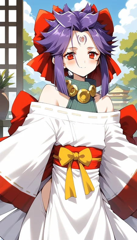 score_9, score_8_up, score_7_up, source_anime, rating_explicit, BREAK <lora:kakurine_Ver2.1_XL:1> kakurine, facial mark, forehead mark, red eyes, purple hair, long hair, sidelocks, hair bow, red bow, collar,
bare shoulders, japanese clothes, white kimono, apron, long sleeves, Yellow bow,
tatami, Japanese room,