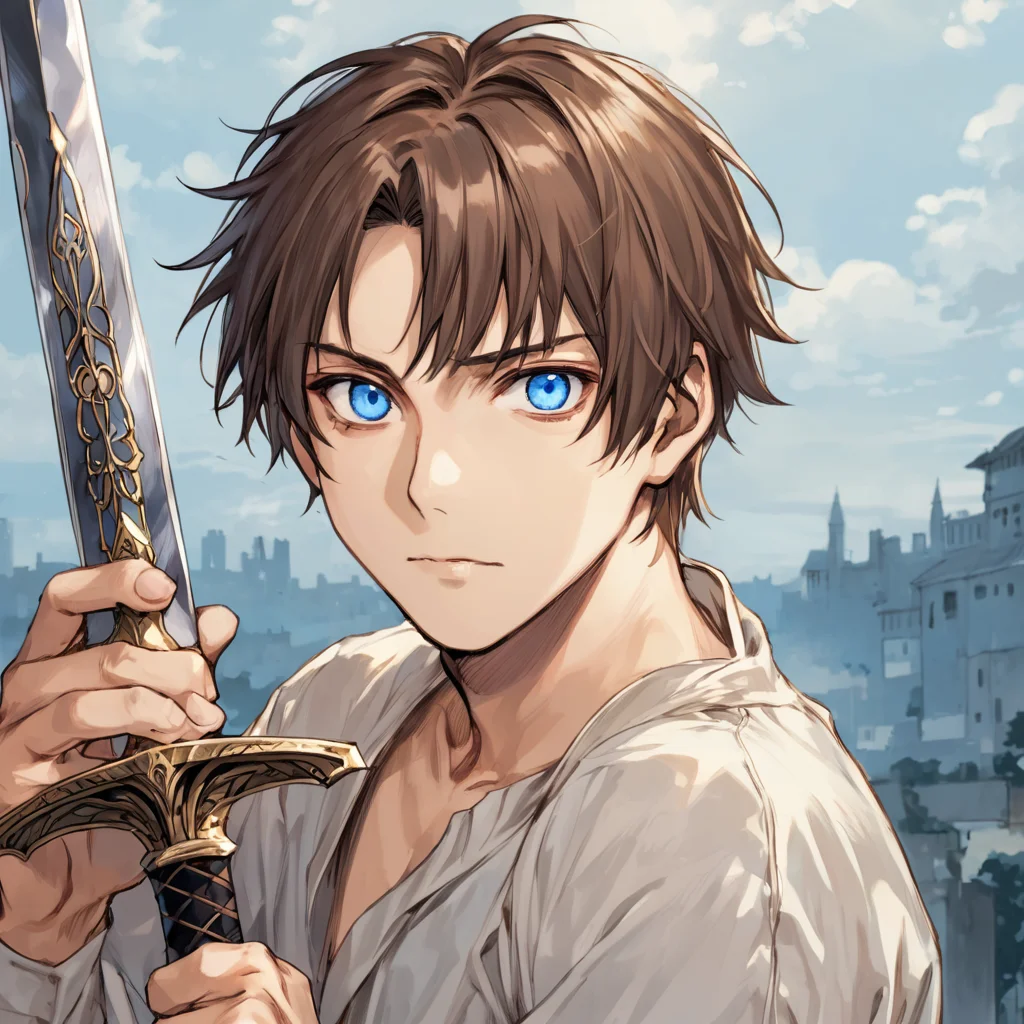 solo,looking at viewer,brown hair,long sleeves,1boy,male focus,(holding sword),wide open eyes,blue eyes,in ABeS567 style,masterpiece,high quality, <lora:ABeLoRaXL-000003:0.7>
