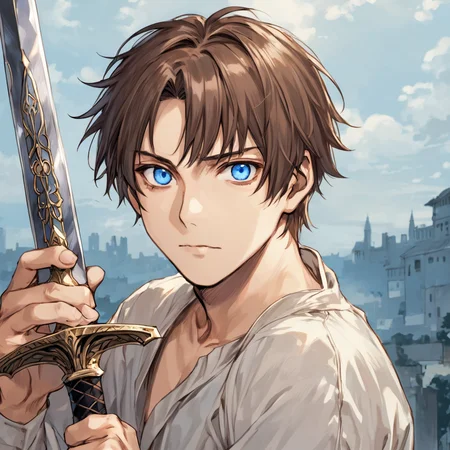solo,looking at viewer,brown hair,long sleeves,1boy,male focus,(holding sword),wide open eyes,blue eyes,in ABeS567 style,masterpiece,high quality, <lora:ABeLoRaXL-000003:0.7>