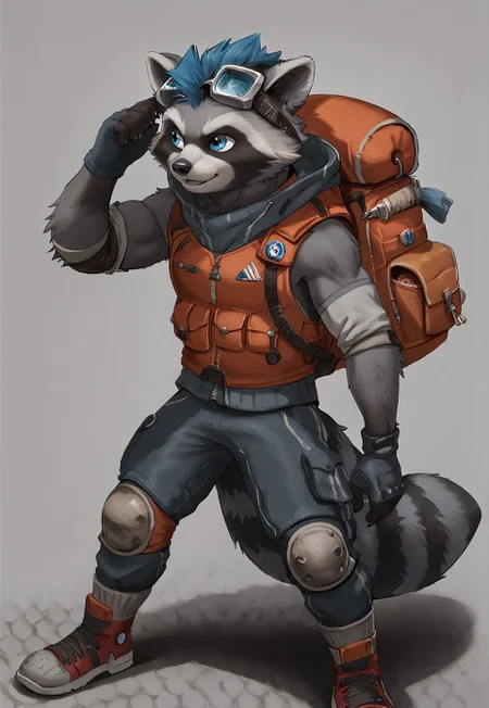 safe_pos, score_9, score_8_up, score_8, 1boy, anthro, black raccoon, grey and black and white furr , blue eyes, solo, male , fluffy long tail,red and white sneakers, full black jeans, hood, T-shirt with sleeves blue color , above the T-shirt is a tactical military vest with a sleeveless hood, ski goggles, tactical fingerless gloves,knee pads and greaves, backpack orange, black nose,sexy pose, in sity, predatory gaze, on the street, 