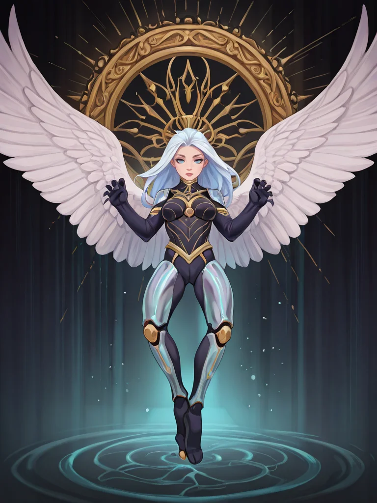 gothic style <lora:Rino99Quiron_Style_ilus:1> , Rino99Quiron, 1girl, A full portrait of a futuristic dystopian, elemental particles, a captivating Quimera (mystical:1.3) with a mesmerizing fusion of a lion's mane (majestic:1.2) and a serpent's scales (sleek:1.1), vibrant feathered wings (enigmatic:1.4) spreading in iridescent hues. Adorned in regal armor (ornate:1.3) infused with alchemical symbols (mystical:1.2), a sleek exoskeleton (glimmering:1.1) enhances its imposing presence. The setting unfolds in a labyrinthine techno-forest (intricate:1.3) amidst a cascading waterfall (serene:1.2) that glows with bio-luminescent flora (ethereal:1.3). Capturing the spectacle, a state-of-the-art camera (sophisticated:1.4) equipped with a wide-angle lens (expansive:1.2) brings the surreal tableau to life. The natural lights dance (dynamic:1.3) playfully, casting an enchanting aura on the Quimera. The photographer artfully captures the mythical being in a candid pose (graceful:1.1), emanating an aura of power and tranquility. The photograph showcases the intricate details of the Quimera's features, highlighting every exquisite contour and shimmering scale. The ethereal atmosphere accentuates the essence of this extraordinary being, evoking a sense of wonder (enchanting:1.2) and fascination (intriguing:1.1). The observer is drawn into the visual masterpiece, lost in the melding of fantastical and cybernetic elements. This portrayal of the Quimera stands as a testament to the artist's vision, encapsulating the essence of a mythical creature (enigmatic:1.3) living harmoniously in the futuristic realm., A very clean and well organized contemporary place, from above, , claw pose, ,
hail, . dark, mysterious, haunting, dramatic, ornate, detailed