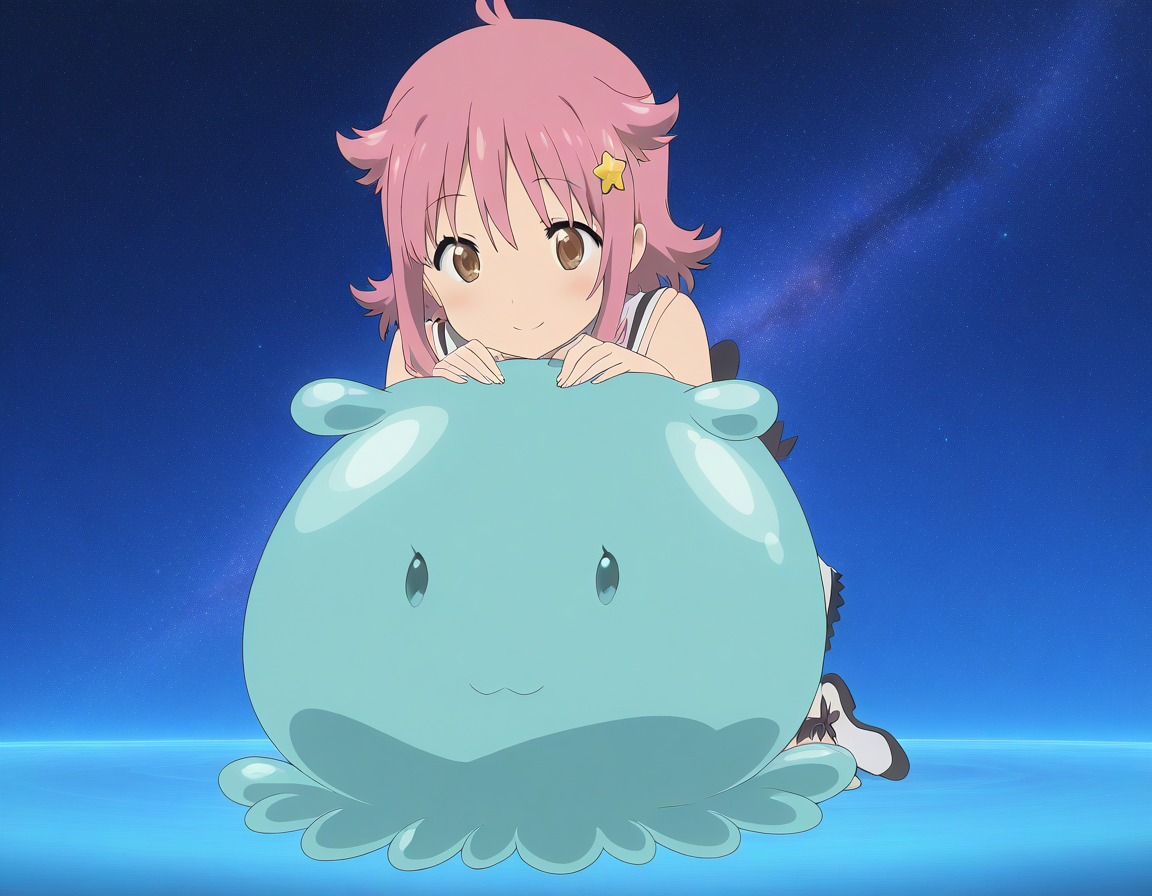 general,highres, ultra-detailed,very aesthetic,best quality ,best hands,  BREAK <lora:Subaru_Houkago_no_Pleiades_IS:0.9>subaru(Pleiades), 1girl, solo, pink hair, short hair, brown eyes, star hair ornament, anime coloring, smile, 
BREAK, 
 <lora:kaicyou_Houkago_no_Pleiades_IS:0.9>kaicyou(Pleiades), sphere, slime (creature), full body, black eyes, creature, blue theme, anime coloring, no humans, sphere, small body,
galaxy,