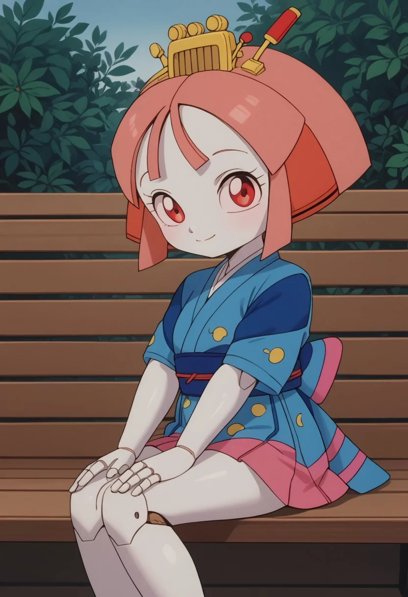 1girl, (Usako, ((android)), doll joints, petite, [shortstack], skinny,), score_9, score_8_up, score_7_up, score_6_up, score_5_up, score_4_up, chibi, short legs, flat breasts, thin waist, red eyes,
(beautiful summer Park background:1,5), sitting on bench, looking at viewer, 3/4 side view, slightly smile, hands on knees, kimono, mecha pink mini skirt, medium breasts,