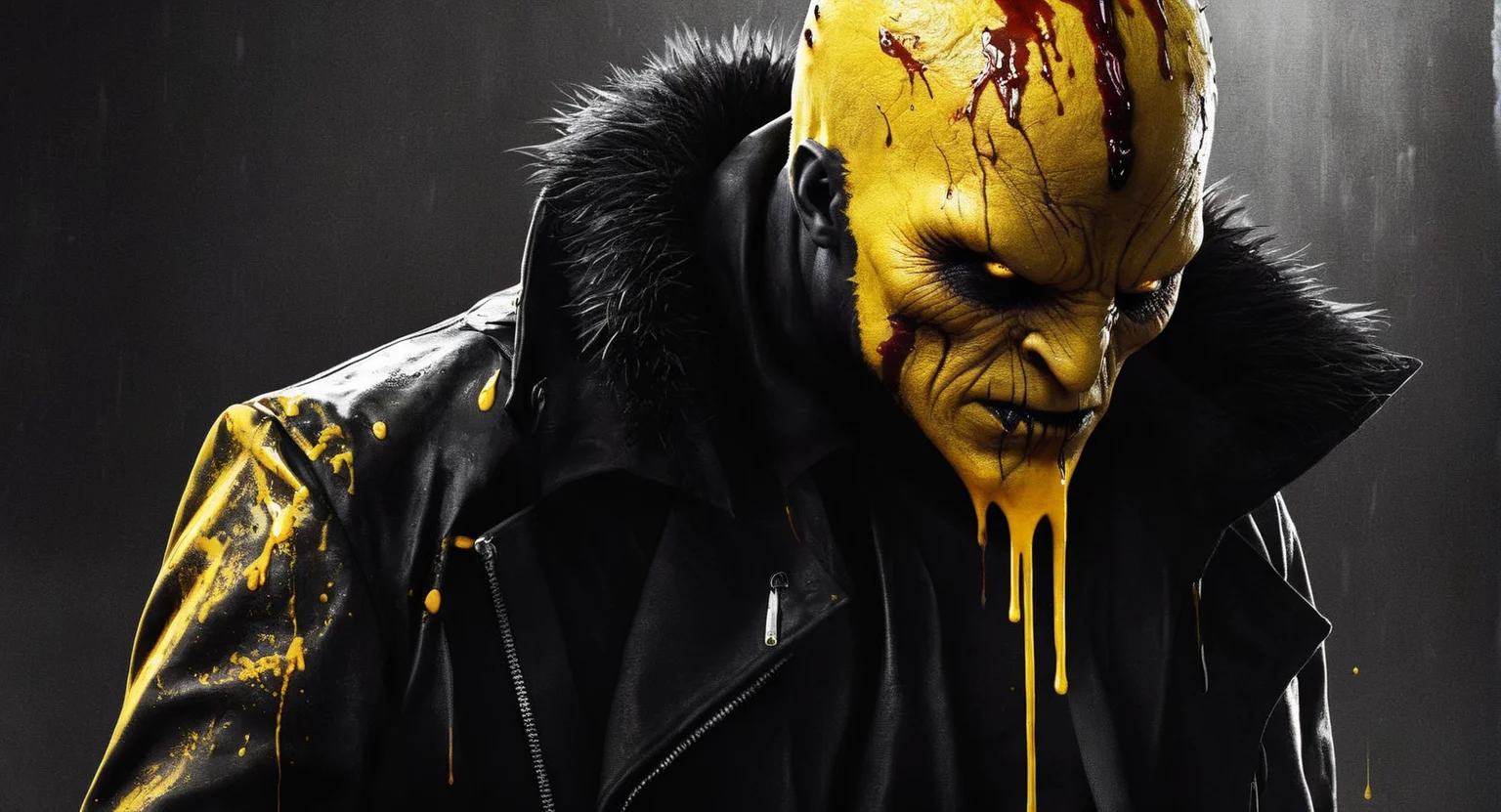 Dark Fantasy Art of <lora:Sin City:1>
a yellow monster with a yellow blood dripping from his neck and a black jacket sin city style, dark, moody, dark fantasy style
