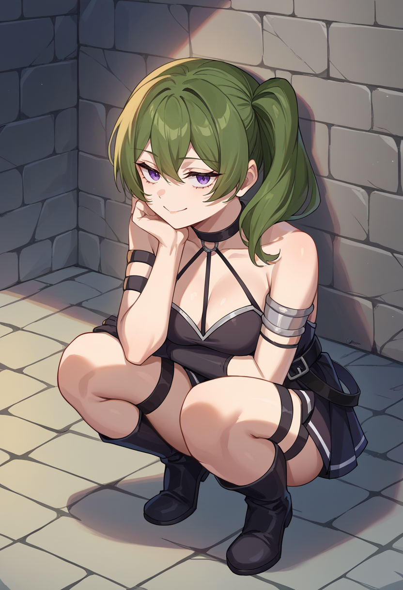 score_9, score_8_up, source_anime, 1girl, solo, UbelFrieren, purple eyes, dark green hair, medium hair, side ponytail, black choker, arm strap, armlet, black dress, halter dress, cleavage, short dress, belt, sleeveless, single glove, black gloves, thigh strap, black knee boots, smile, squatting, on floor, dark. dungeon, stone wall, stone floor, head rest, <lora:CHAR-UbelPonyXL:1>
