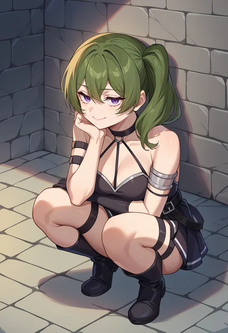 score_9, score_8_up, source_anime, 1girl, solo, UbelFrieren, purple eyes, dark green hair, medium hair, side ponytail, black choker, arm strap, armlet, black dress, halter dress, cleavage, short dress, belt, sleeveless, single glove, black gloves, thigh strap, black knee boots, smile, squatting, on floor, dark. dungeon, stone wall, stone floor, head rest, <lora:CHAR-UbelPonyXL:1>