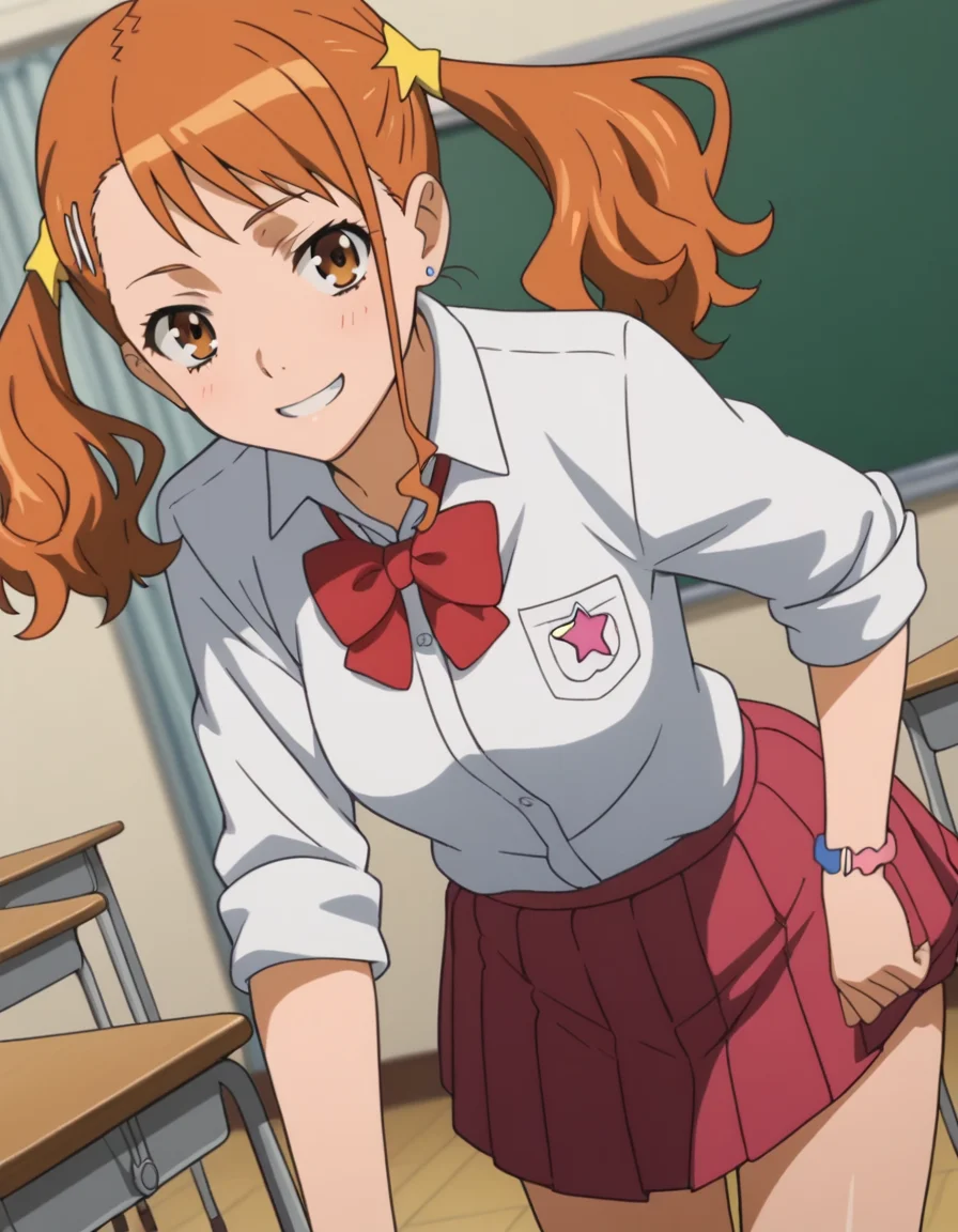 score_9, score_8_up, score_7_up, source_anime,
narukoanjou, <lora:naruko-anjou-s1-ponyxl-lora-nochekaiser:1>,
naruko anjou, orange hair, twintails, brown eyes, hair ornament, star ornament, hair clip,
skirt, bow, school uniform, sleeves rolled up, red bowtie, shirt, white shirt, collared shirt, red skirt,
indoors, classroom, bent over, smile,
looking at viewer, solo, cowboy shot, dutch angle,