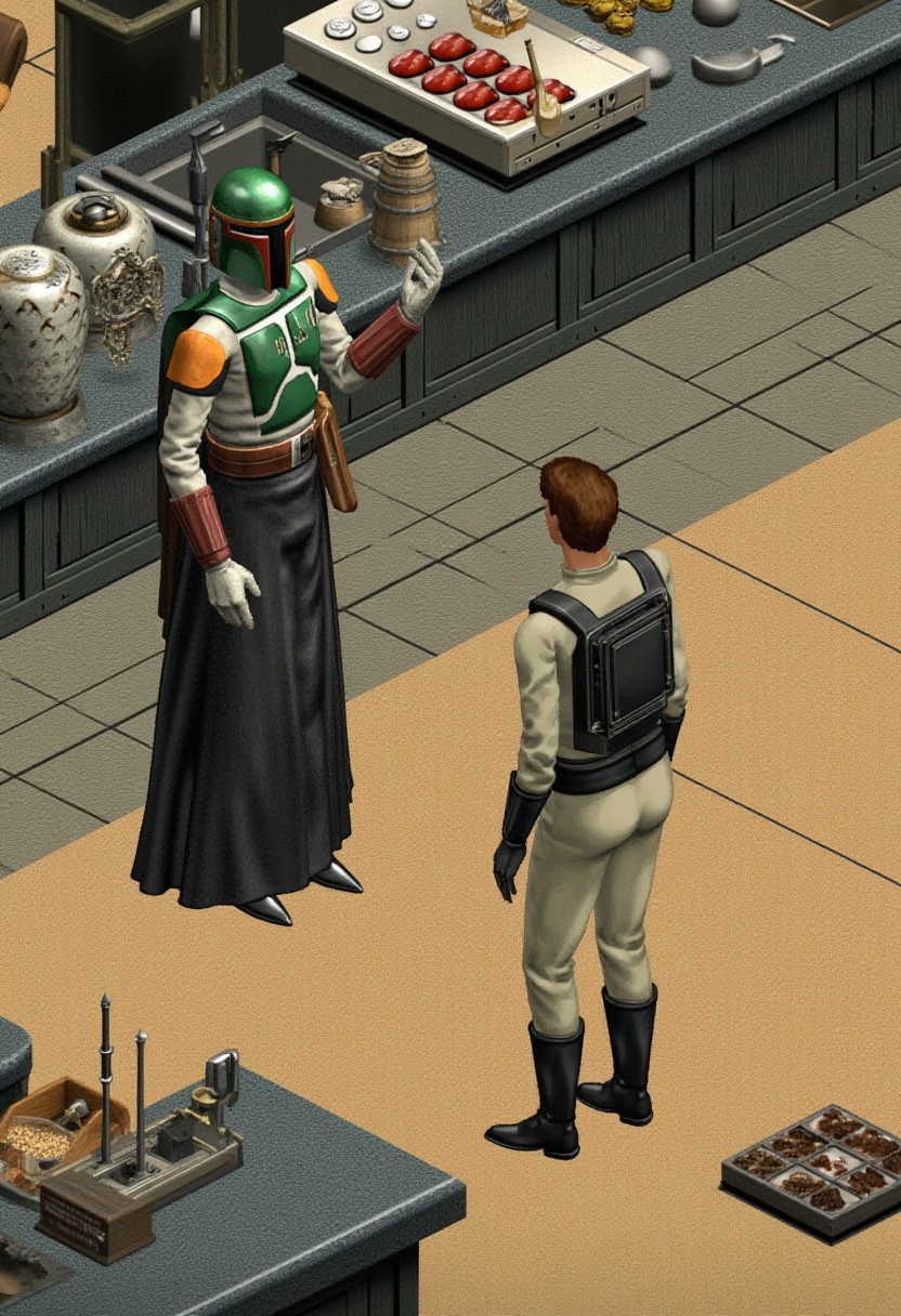 simsstyle, Boba Fett talking to Luke Skywalker. Isometric view.