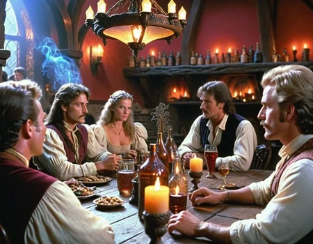 cinematic still 80sdarkfantasylora, multiple people, sitting at table, tavern . emotional, harmonious, vignette, 4k epic detailed, shot on kodak, 35mm photo, sharp focus, high budget, cinemascope, moody, epic, gorgeous, film grain, grainy, 80sdarkfantasylora, multiple people, sitting at table, tavern, sharp focus, intricate, extremely detailed, cinematic, new classic, highly saturated colors, surreal, epic composition, beautiful light, very inspirational, elegant, innocent, thought driven, dramatic, creative, complex, fantastic color, ambient background, pristine, magic, scenic, vibrant, iconic