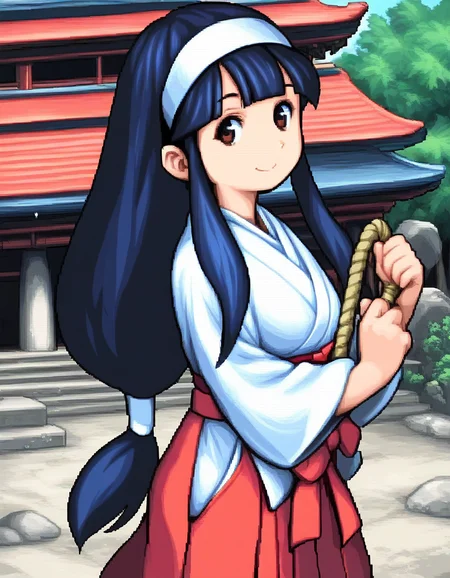 score_9, score_8_up, score_7_up, source_anime, rating_explicit, BREAK <lora:Sayo-chan_XL:1> sayo-chan, long hair, blue hair, hairband, white hairband, low-tied long hair, bangs,black hair, sidelocks, blunt bangs,
1girl, solo, japanese clothes, miko, smile, red hakama, hakama, skirt, bow, hakama skirt, brown eyes,
shrine, rope, tree, outdoors,
smile,
looking at viewer,
cowboyShot,