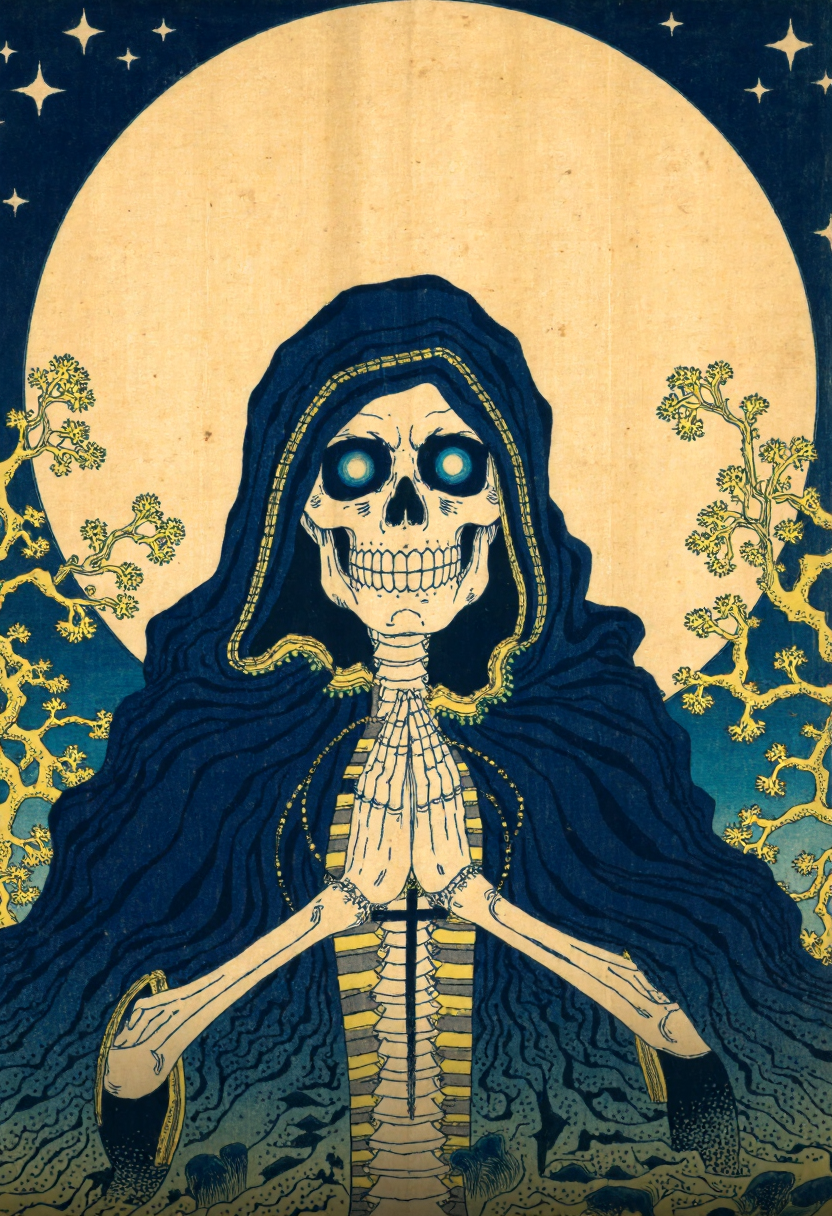 Ukiyo-e style by Katsushika Hokusai of a skeletal figure dressed in a dark, hooded cloak, the figure's hands are clasped together in prayer, with a cross pendant around its neck, the skull is adorned with glowing blue eyes, giving it a mystical and otherworldly appearance, the cloak is dark blue with gold trim, and the hood is pulled up, obscuring the face, the background features a large, glowing, golden moon, which contrasts starkly with the dark, ethereal tones of the figure, the moon's surface is smooth and reflective, enhancing its ethereal quality, surrounding the moon are intricate, golden swirls and stars, adding to the mystical and magical atmosphere, the overall style is dark and gothic, with bold, contrasting colors and a sense of foreboding, the texture of the cloak and the skeleton's skin is meticulously detailed<lora:CustomFlux/Katsushika_Hokusai.safetensors:1.0:1.0>
