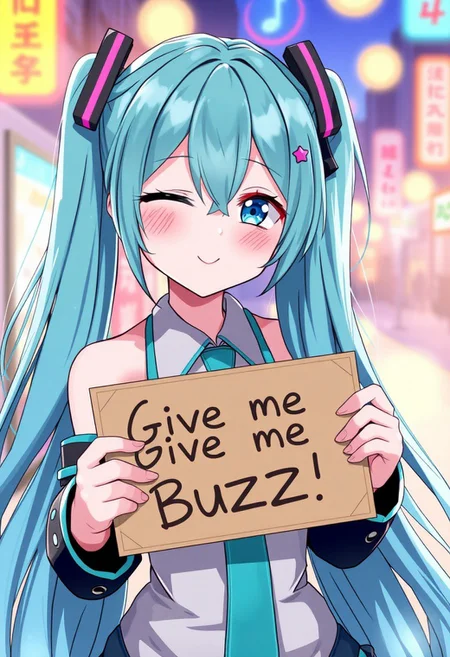 score_4,score_5,score_6,score_7_up,score_8_up,score_9 ((masterpiece,best quality,ultra detailed,highres,HD,4k:1.2)), 
1 girl,solo,face focus,
 hatsune miku,absurdly long hair,aqua hair,twintails,hair ornament,sidelocks,hair between eyes,parted bangs,aqua eyes, 
(("Give me Buzz.",Beggars Borad,Holding a sign, holding a sign that says, "Give me Buzz."))
wink,happy,blush, looking at viewer, smile,
