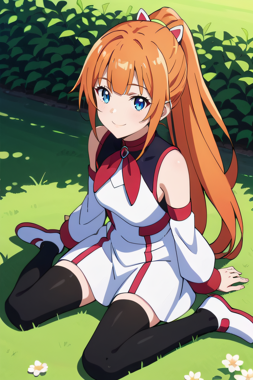 score_9, score_8_up, score_7_up, source_anime, rating_safe, intricate details, solo, 1girl, <lora:Kinushima_Michiru:1>, kinushima, orange hair, long hair, ponytail, white shirt, bareshoulders, white detached sleeves, white skirt, red ribbon choker, black thighhighs, white shoes, looking at viewer, smile, outdoor, sitting on grass, five fingers