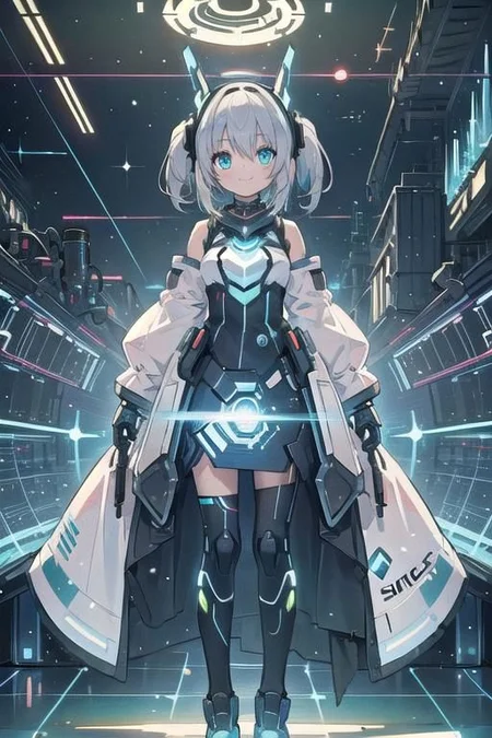 (masterpiece), (science fiction:1.4), 1girl, standing, smile, silver hair, aqua eyes, headgear, long sleeves, detached sleeves, glowing energy clothing, light particles