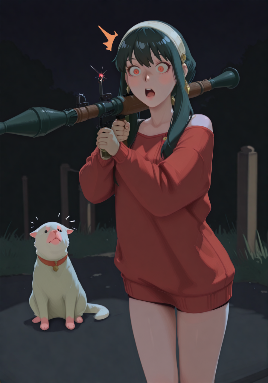 embedding:IllusP0s, g00se, rpg_\(weapon\), shouldered, aiming, 1girl, yor forger_\(spy x family\), (surprised, scared) outdoors, night, red sweater, solo,<lora:rpg_weapon_ill.safetensors:1.0:1.0> <lora:g00se_v2_ill.safetensors:1:1>