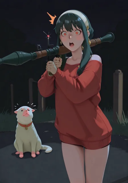 embedding:IllusP0s, g00se, rpg_\(weapon\), shouldered, aiming, 1girl, yor forger_\(spy x family\), (surprised, scared) outdoors, night, red sweater, solo,<lora:rpg_weapon_ill.safetensors:1.0:1.0> <lora:g00se_v2_ill.safetensors:1:1>