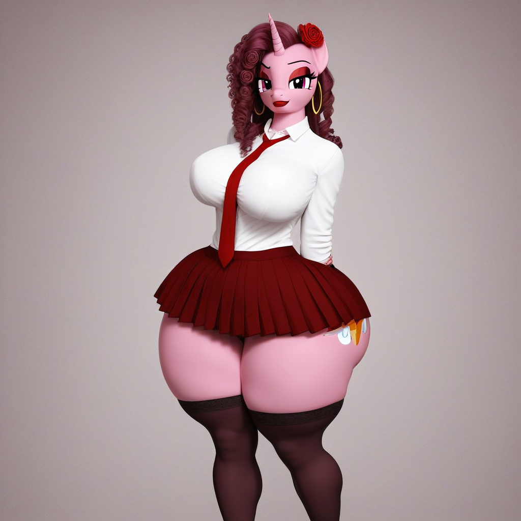 high res, legwear, looking at you, miniskirt, necktie, school uniform, school uniform fetish,  shirt, skirt, socks, solo, solo female, stockings, thigh highs, undersized clothes, wallpaper, wallpaper for the fearless, zettai ryouiki,thunder thighs, huge butt, large butt, wide hipe, voluptuous body,(rareza, latina  , unicorn, mlp fim, female pony, burgundy mane, pink fur, rose in hair, hoop earrings, cutie mark, heavy makeup, glamorous, flirty, elegant, curly hair, hoop earrings, flamenco style, flower in hair, makeup, red lipstick, gold earrings,  latina fashion,)