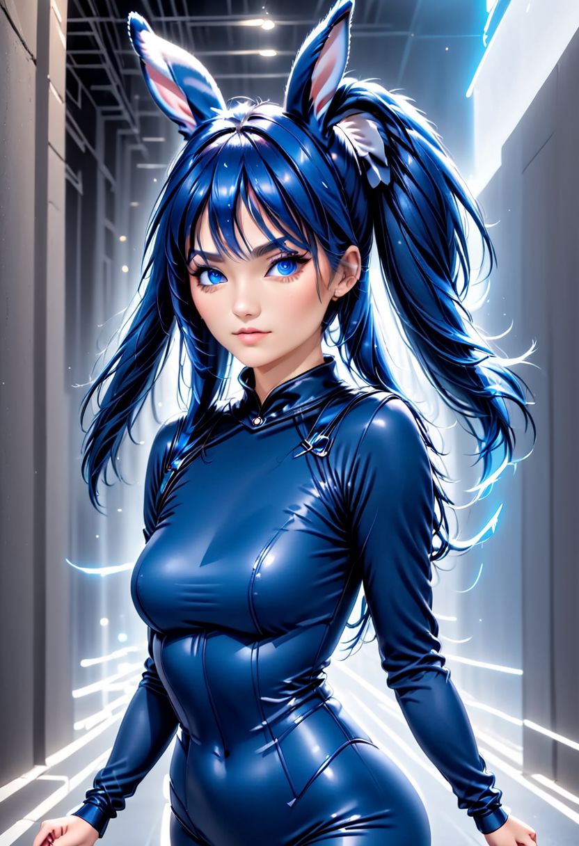 best quality, 1girl, btoki, blue hair, blue eyes, long hair, rabbit ears, playboy bunny, blue leotard, bangs, twin-tails, halo, bow, wrist cuffs, blue bow, rabbit tail, (upper body, close-up, cropped torso), <lora:Toki (Bunny):1>