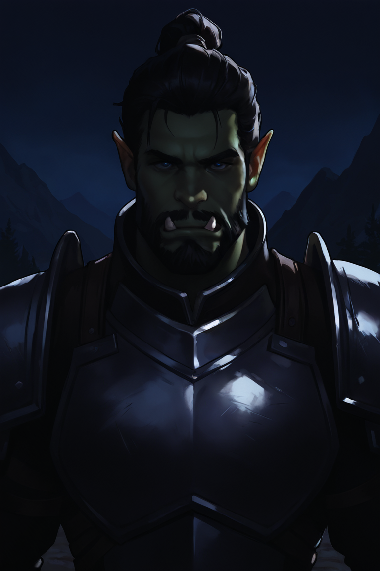 masterpiece, best quality, highres, newest, low light, dark, 1boy, solo, male focus, mature male, orc, colored skin, green skin, tusks, blue eyes, medium hair, black hair, hair slicked back, ponytail, facial hair, beard, mustache, looking at viewer, full armor, shoulder armor, breastplate, pauldrons, upper body, closed mouth, standing, outdoors, mountain, night, night sky, dark background <lora:NAI3 Smooth Boys - Low Light [LoRA] - NoobAI-XL EPS 1.0:0.8>