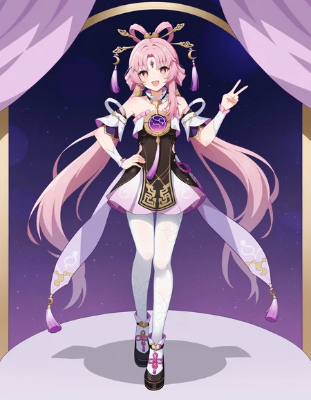 colorful, 1girl, solo, happy, full body, standing, <lora:FuXuanXLPonyV1:1>, fu xuan, long hair, bangs, hair ornament, tassel hair ornament, bare shoulders, parted bangs, dress, hair rings, very long hair, forehead mark, detached sleeves, forehead jewel, jewelry, breasts, facial mark, twintails, white pantyhose, frills, left hand on hip, right hand v
