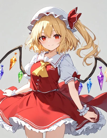 score_9, score_8_up, score_7_up, BREAK
source_anime, best quality, masterpiece, rating_safe <lora:sdxl_lightning_8step_lora:1> BREAK
1girl, BREAK
<lora:flan_nrm_v2_pony:1>flanN, flandre scarlet, (blonde hair:1.2), side ponytail, red eyes, red hair bow,hair between eyes, slit pupils, white headwear,
white puffy sleeves,white sleeves, short sleeves, red vest, yellow ascot, red skirt, frilled skirt, frills, miniskirt, wind,
simple background,white background, looking at viewer, smile, closed smile, blush,