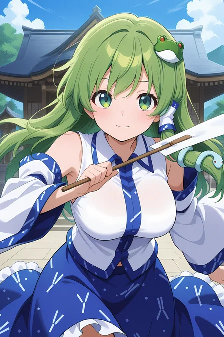 absurdres, highres, masterpiece, best quality, amazing quality, official anime artwork, screencap, anime screencap, outdoors, looking at viewer, light smile, moriya shrine, day,
<lora:Sanae-Kochiya_Illustrious:1> kochiya sanae, 1girl, solo, green hair, long hair, green eyes,, frog hair ornament, hair tubes, snake hair ornament, collared shirt, white shirt, detached sleeves, wide sleeves, blue skirt, frilled skirt, dynamic pose, gohei,
