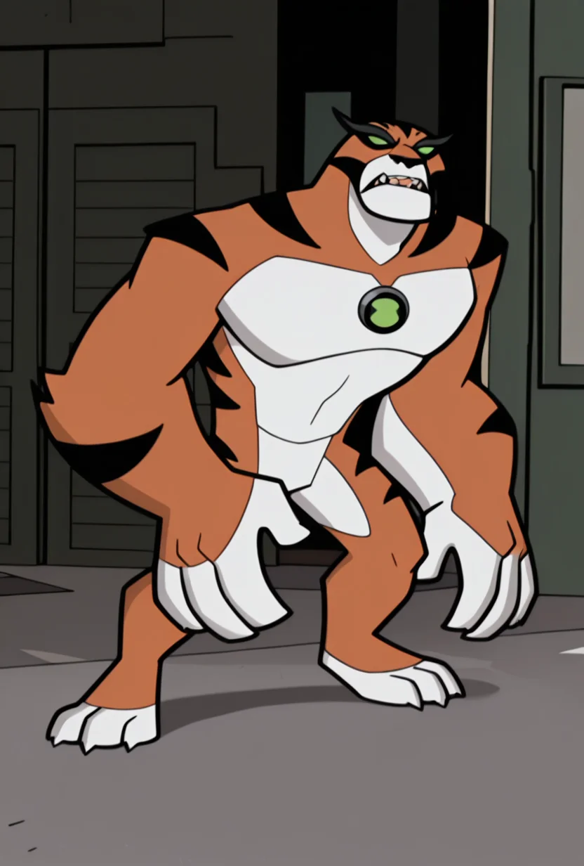 <lora:rath-10:1> rath, furry, 1boy, green eyes, green sclera, solo, no humans, tiger strips , fangs, orange fur, sharp teeth, big arms,   no pupils, big body, black eyebrows,  <lora:Clerks_The_Animated_Series_V2:1> ClerksTAS, masterpiece, best quality, amazing quality, very aesthetic, absurdres, newest,
