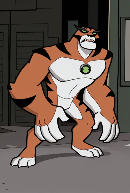 <lora:rath-10:1> rath, furry, 1boy, green eyes, green sclera, solo, no humans, tiger strips , fangs, orange fur, sharp teeth, big arms, no pupils, big body, black eyebrows, <lora:Clerks_The_Animated_Series_V2:1> ClerksTAS, masterpiece, best quality, amazing quality, very aesthetic, absurdres, newest,