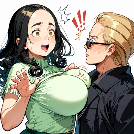 score_9, score_8_up, score_7_up, score_6_up, source_anime, rating_safe, <lora:_sdxl-chichibinta-pony:0.3> (((chichibinta, body turn and tits swinging, slap someone with swinging boobs, tits slap, couple, hetero, duo, from side, head on breasts, head between breasts, motion lines, open mouth, surprised, face to breasts, breast smother, bumping, run into someone breasts))),
BREAK (1girl, (curly hair), long hair, (black hair), mature female, (parted hair:1.7), (round face), (no_bangs:1.3), (no_fringe:1.6), looking at viewer, (thick eyebrows:0.9), (plump, curvy), round-chin, breasts, caucasian, down-turned eyes, (forehead:0.65), <lora:ETO_OCPonyXL:0.5> eto_oc, skindentation, naughty smile, thick thighs, wide hips, petite, busty, voluptuous, :o, surprised, looking at another, ((breasts on another head, slapping with her breasts))),
BREAK (<lora:albertwesker-guy-PONYv1:1> albertwesker, albert wesker, 1boy, blonde, black gloves, sunglasses, belt, pants, long coat, trench coat, black coat, black pants, toned, athletic, fit, slicked back hair, black turtleneck, zipper, mature male, looking at another, ((head on another breasts, being slapped by another breasts, head between another breasts, open mouth, surprised, breast smother, run into someone breasts))),