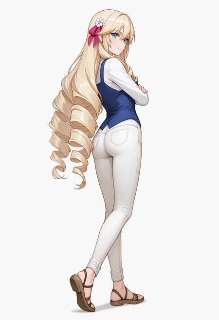 Smooth Quality,masterpiece,very intricate, high quality details, ultra realistic, high detailed skin,detailed enviorement,absurdres,
<lora:Ariane_Algren_CNR:0.8> ariane_cnr, very long hair, drill hair,blonde hair, blue eyes, hair between eyes, sidelocks,hair bow,hair ribbon,hair flower,peacoat, ,pinafore top, ,slim fit pants, ,, simple background, white background, from behind,
arms crossed under chest, legs extended straight back, toes pointed ,, :i,