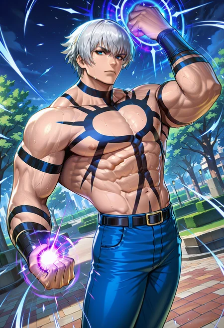 masterpiece, best quality, newest, absurdres, highres, very detailed,
muscular male, koforochi, orochi tattoo, topless male,
looking at viewer, expressionless,
jeans,
male nipples, collarbone, abs, manly,
outside, park, punching, dynamic angle, sweat, shredded muscles, abs, thick arms, speed lines,
glowing outline, energy on leg, magic, psychic,
<lora:[Char - IL] KOF - Orochi (v1-R1-E27):1.0>