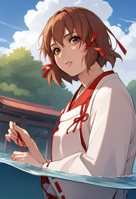 score_8_up, score_7_up, source_anime BREAK 1girl, solo, <lora:minahakuba-sh-richy-v1_pdxl:1> minahakuba, brown eyes, brown hair, short hair, hair ribbon, red ribbon, japanese clothes, miko, outdoors, partially submerged, parted lips, looking at viewer, blue sky, cloudy sky