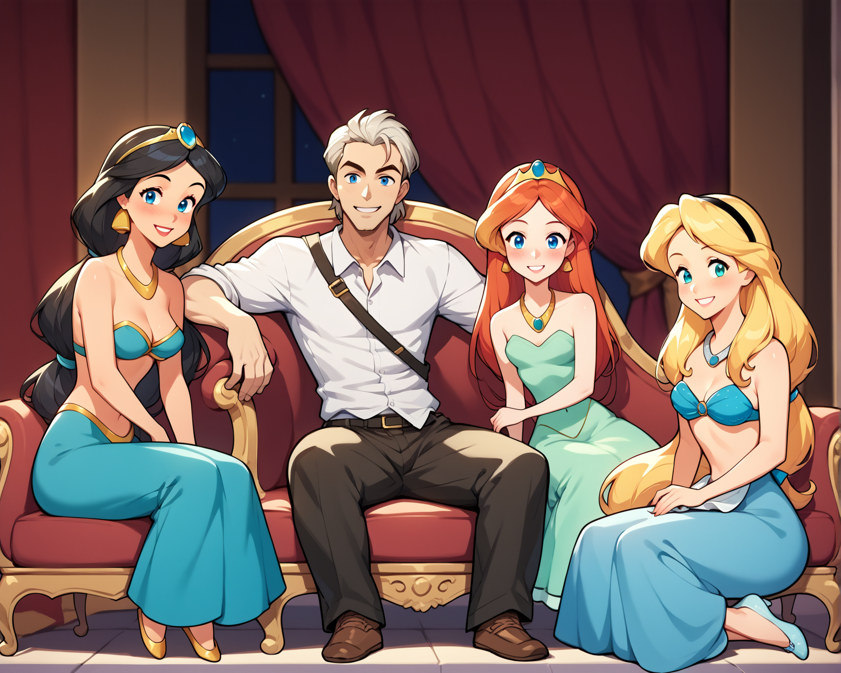 score_9, score_8_up, score_7_up, source_anime, BREAK 3girls, 1boy, multiple girls, harem, pimp, ((faceless male)), muscular male, <lora:Harem_King_Pose:1.2>, (<lora:JasminePonyXL_character:0.9> JasmineWaifu, jewelry, very long hair, tiara, jewelry, red arabian clothes), (<lora:ArielPonyXL_character:0.9> ArielWaifu, blue eyes, shell bikini, red long hair), (<lora:AliceInWonderlandXLPony_character:0.9> AliceWaifu, blue eyes, blue dress, white pantyhose, apron, black hairband, blonde), sitting, ((evil male)), looking at viewer, blush, smile, rating_questionable