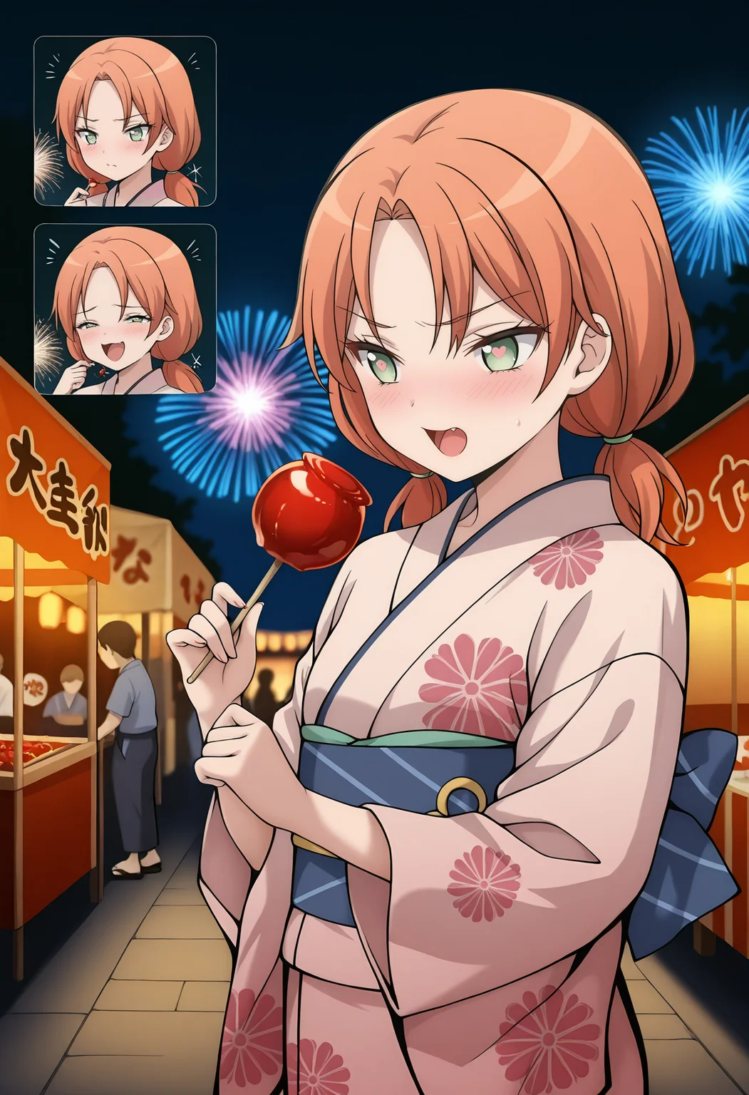 <lora:Hayami_Rinka:1>,Hayami_Rinka,1girl,orange hair,green eyes,low twintails,holding,candy_apple,light_blush,Tsundere,print_kimono,masterpiece,best quality,amazing quality,very aesthetic,absurdres,newest,indoor,night,firework,night market,depth_of_field,expressions,heart-shaped_pupils,kind_smile,laughing,