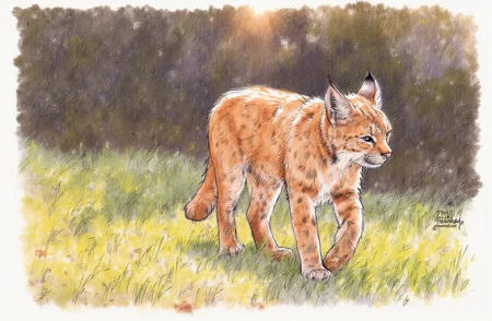 Sharp image of a rough sketch, rendered in vibrant multi colour ballpoint pen, capturing the adorable features of a close-up of a lynx walking on a grassy field. The lynx is facing towards the right side of the image, with its head turned slightly to the left. Its fur is a light brown color with darker spots, and its ears are pointed. Its eyes are dark and alert, and it appears to be looking off into the distance. The background is blurred, but it seems to be a wooded area with trees and shrubs. The sun is shining brightly, creating a warm glow on the lynx's fur.  p3nsk, <lora:p3nsk:1>