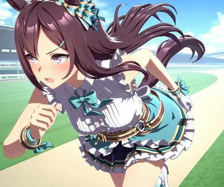 masterpiece, best quality, amazing quality, , 1girl, solo,umamusume, racetrack, running, <lora:Mejiro Dober in game style 3D ILL-v2:1> ummsmingame, 3d, mejiro dober \(umamusume\),