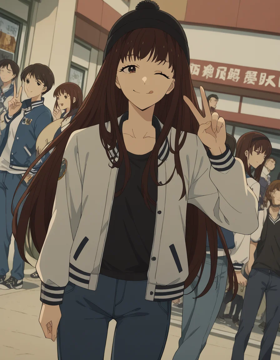 score_9, score_8_up, score_7_up, source_anime, <lora:hibari-houkobaru-s1-ponyxl-lora-nochekaiser:1>, hibari houkobaru, long hair, bangs, brown hair, brown eyes, hairband, black hairband, medium breasts,, <lora:letterman-jacket-ponyxl-lora-nochekaiser:1>, letterman jacket, jacket,, outdoors, crowd, people, v, v over eye, one eye closed, tongue out, smile, beanie, pants, open clothes, open jacket, , cowboy shot, dutch angle