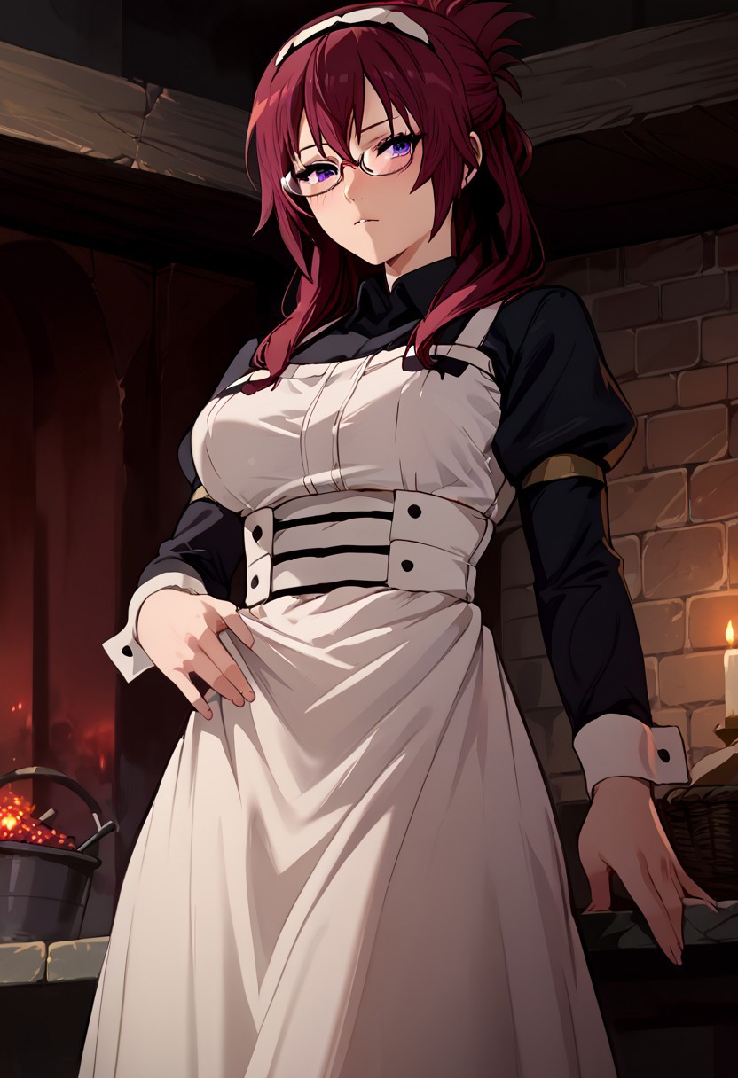 score_9, score_8_up, score_7_up, score_9, score_8_up, score_7_up,Masterpiece,HD,(((HD quality))), (((ultra quality))), hyper ultra detailed, hyper ultra quality,solo,mature female,
<lora:StS_PonyXL_Detail_Slider_v1.4_iteration_3:3>,
Background dungeon, bricks, filth on the walls, anime font,from below, looking at the viewer,indoors,
1girl, detailed, perfect arms, perfect face, perfect hands,alone ,blushed, very blushed,
BREAK
breasts perky,curvy, waist, slim,  perfect anatomy, height, tall,perfect body, 
BREAK
lilya greyrat, purple eyes, red hair, glasses,
long sleeves, dress, pantyhose, apron, maid, maid headdress, maid apron,
,zPDXL3,easynegative