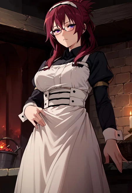 score_9, score_8_up, score_7_up, score_9, score_8_up, score_7_up,Masterpiece,HD,(((HD quality))), (((ultra quality))), hyper ultra detailed, hyper ultra quality,solo,mature female,
<lora:StS_PonyXL_Detail_Slider_v1.4_iteration_3:3>,
Background dungeon, bricks, filth on the walls, anime font,from below, looking at the viewer,indoors,
1girl, detailed, perfect arms, perfect face, perfect hands,alone ,blushed, very blushed,
BREAK
breasts perky,curvy, waist, slim,  perfect anatomy, height, tall,perfect body, 
BREAK
lilya greyrat, purple eyes, red hair, glasses,
long sleeves, dress, pantyhose, apron, maid, maid headdress, maid apron,
,zPDXL3,easynegative