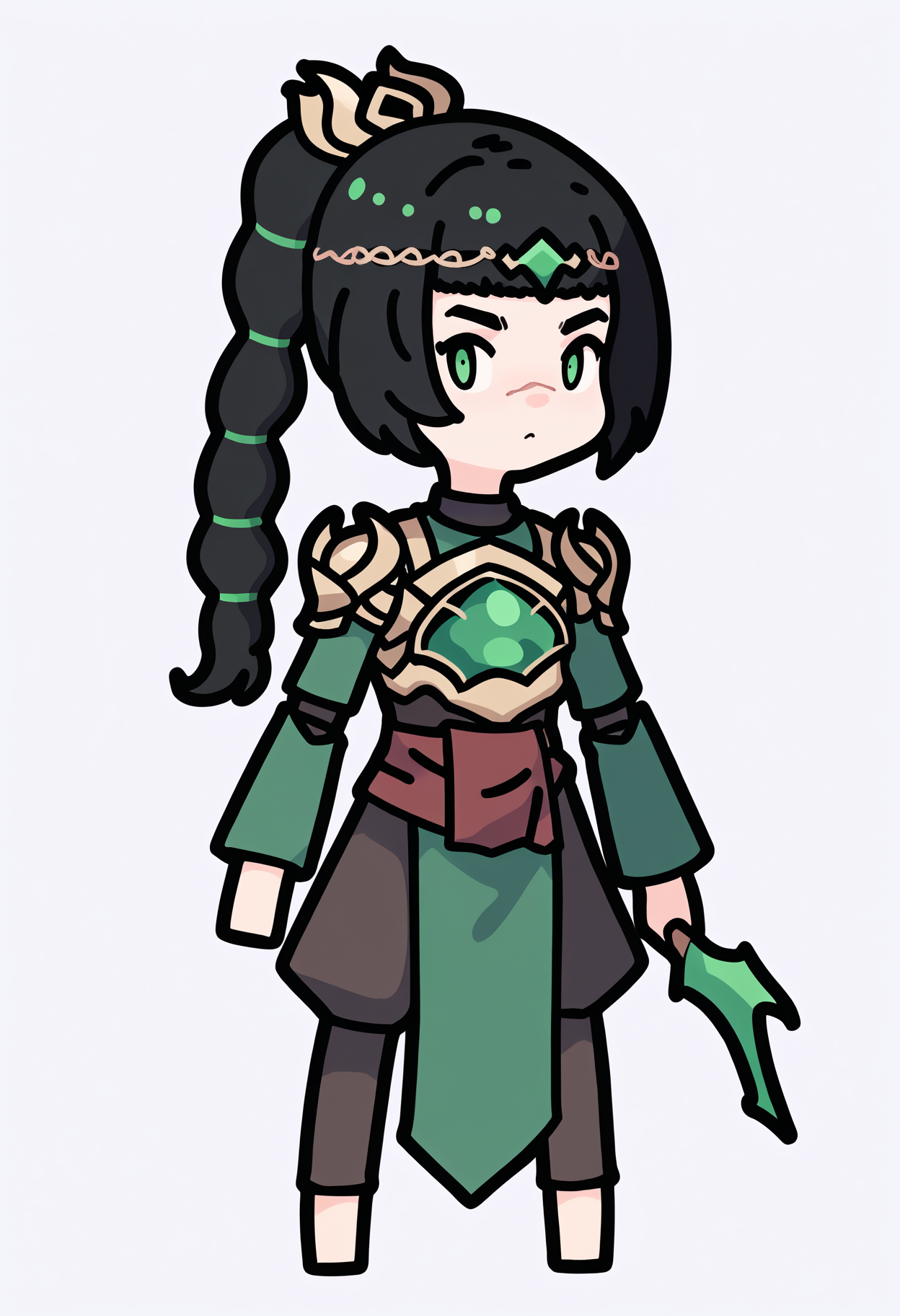 score_9, score_8_up, score_7_up, score_6_up, score_5_up, score_4_up, BREAK
1girl, chibi,
shadowheart, black hair, braided ponytail, green eyes, scar on face, circlet, armor,
standing, full body, solo, looking at viewer, simple background, white background    <lora:RabbitAndSteelXLLocon:1> <lora:ShadowHeartXL:1>