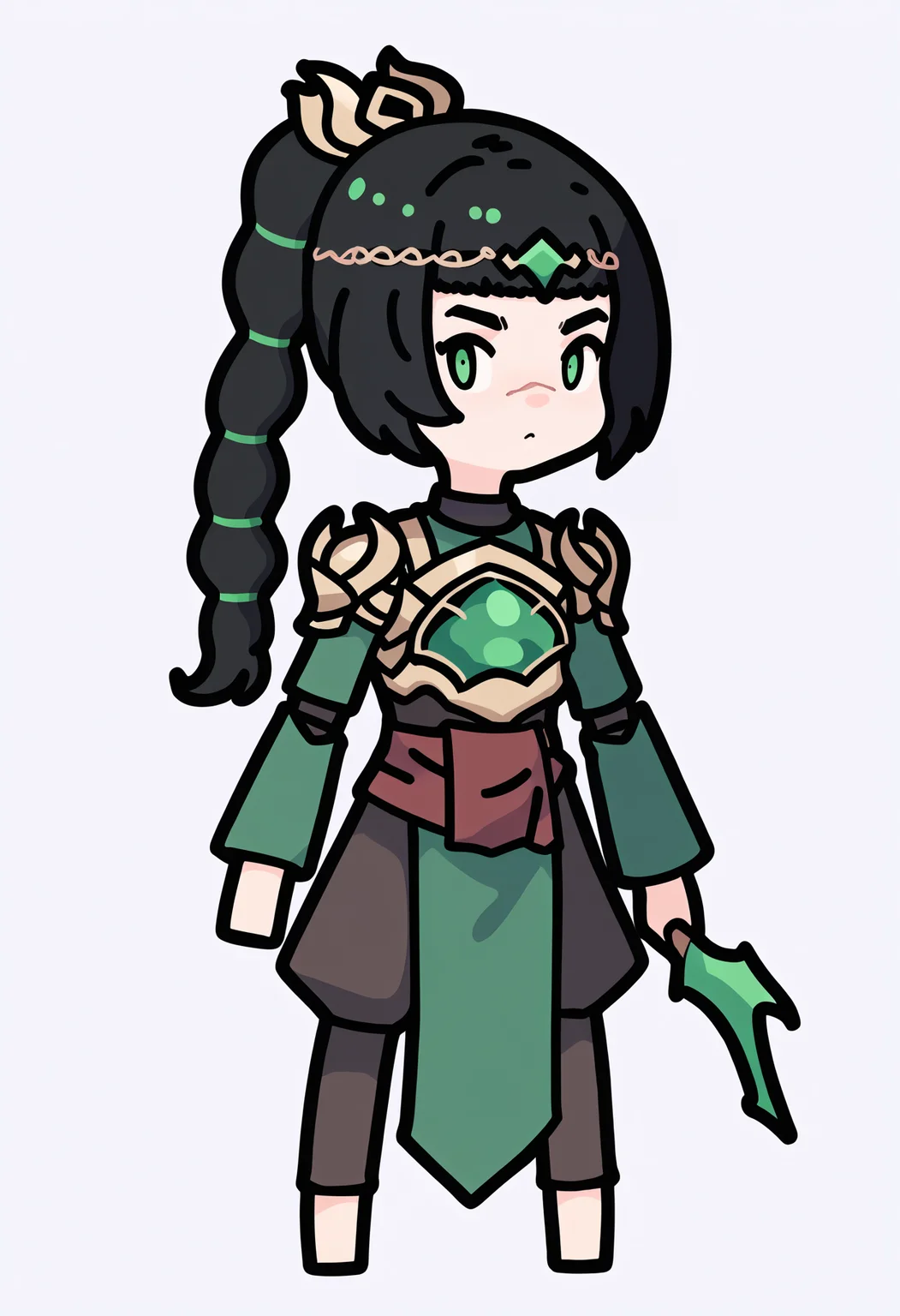 score_9, score_8_up, score_7_up, score_6_up, score_5_up, score_4_up, BREAK
1girl, chibi,
shadowheart, black hair, braided ponytail, green eyes, scar on face, circlet, armor,
standing, full body, solo, looking at viewer, simple background, white background <lora:RabbitAndSteelXLLocon:1> <lora:ShadowHeartXL:1>