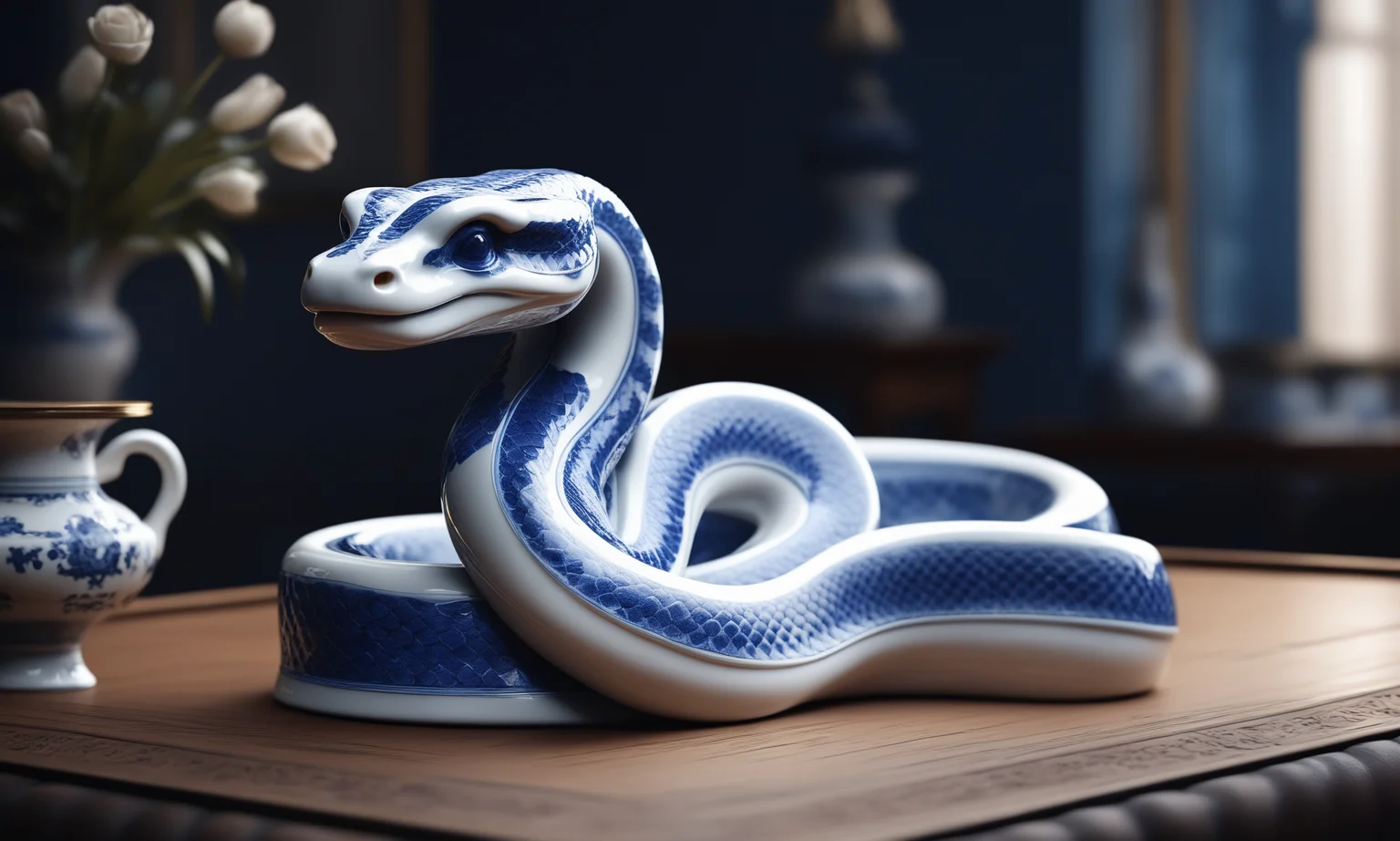 <lora:bwporcelaincd_xl-000007:0.7>, a statue of a snake standing on a table made of (bwporcelaincd_xl, blue and white porcelain, porcelain:1.2, shiny:1.3, solo:1.3) in office, indoors, full body, chinese zodiac, cutie, cute, still life, animal statue, front view, facing viewer, looking at viewer, (Unbelievable Digital Artwork:1.3), CGSociety, ArtStation, master works, 8K,HDR,UHD,masterpiece,best quality,highly detailed,emotional,harmonious,high budget,moody,epic,gorgeous,high resolution,perfect lighting,finely detail,extremely detailed,ultra detailed,realistic,photorealistic,huge filesize,photographic,real,wallpaper,moody lighting,volumetric lighting,reality ray tracing