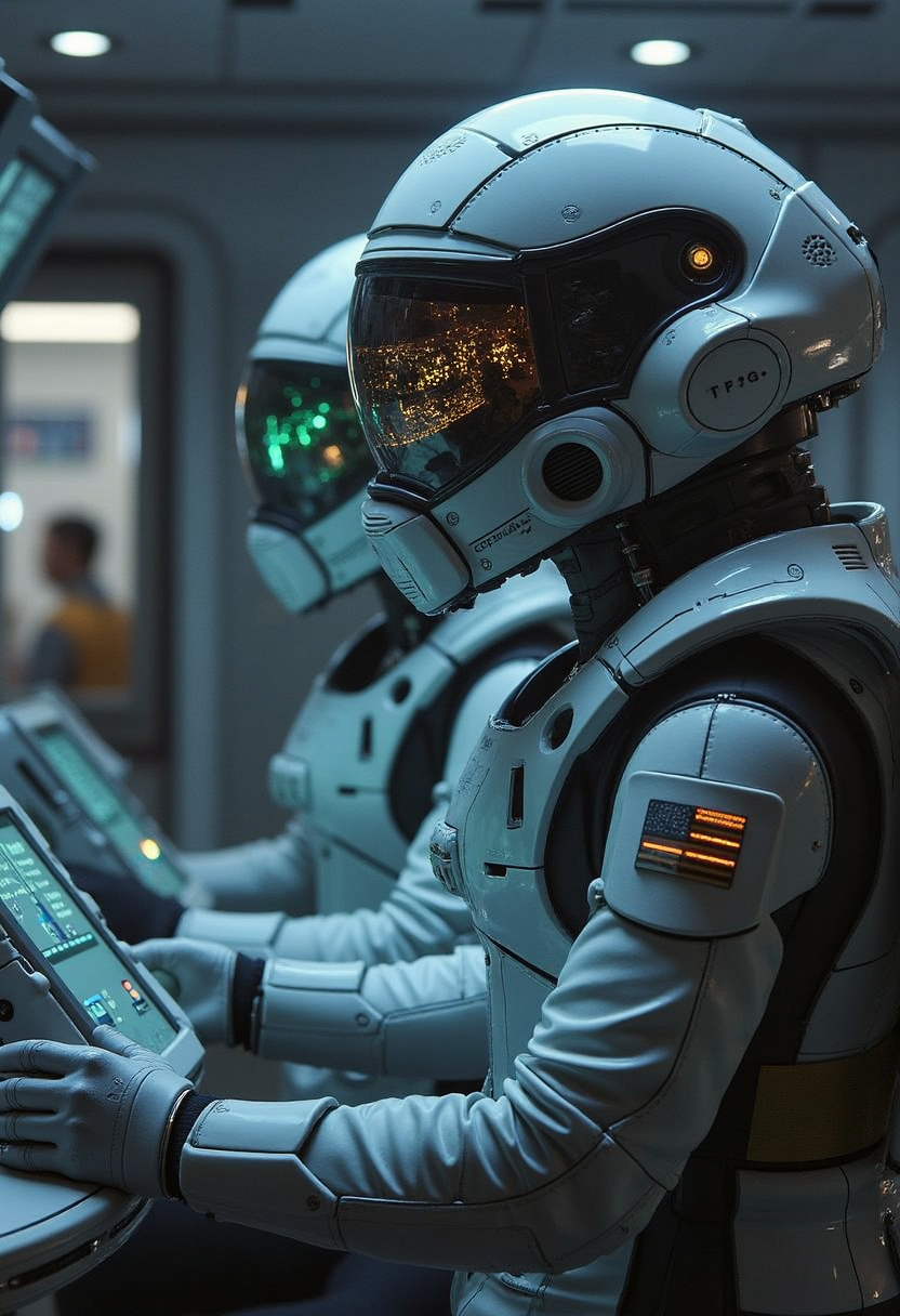 yfg-l3ms, YFG-L3ms helmeted engineers overseeing assembly lines in microgravity, luminous control panels reflecting across visors