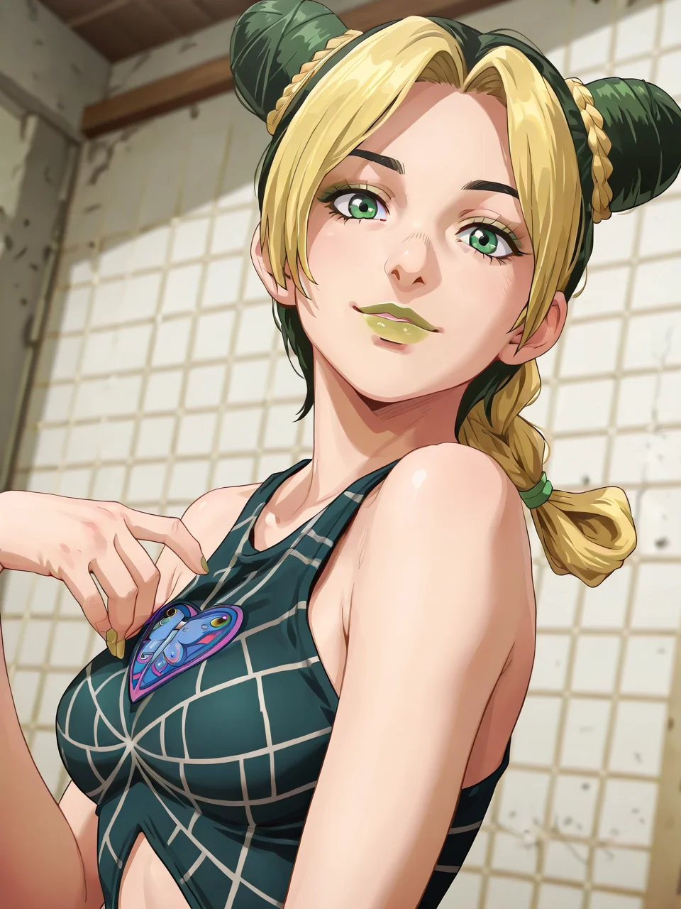 (masterpiece,best quality,newest,absurdres,highres), J0l1ne, 1girl, solo, green eyes, multicolored hair, hair bun, double bun, makeup, green lips, braid, smile, looking at viewer <lora:Jolyne_Cujoh_IllustriousXL:1>